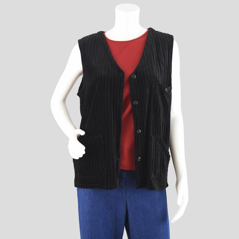 Vintage Sleeveless Top, Black Ribbed Velvet Vest, Women's Large